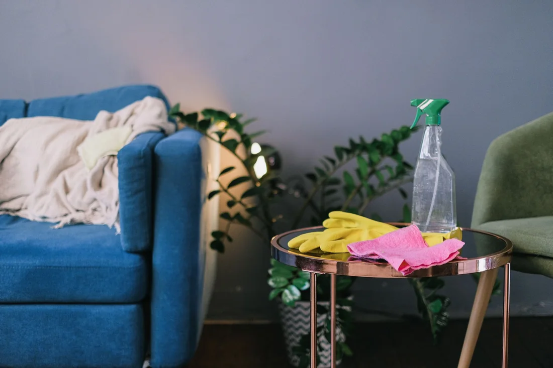 Cleaning supplies in a tidy living room while getting a house ready to sell in Iowa