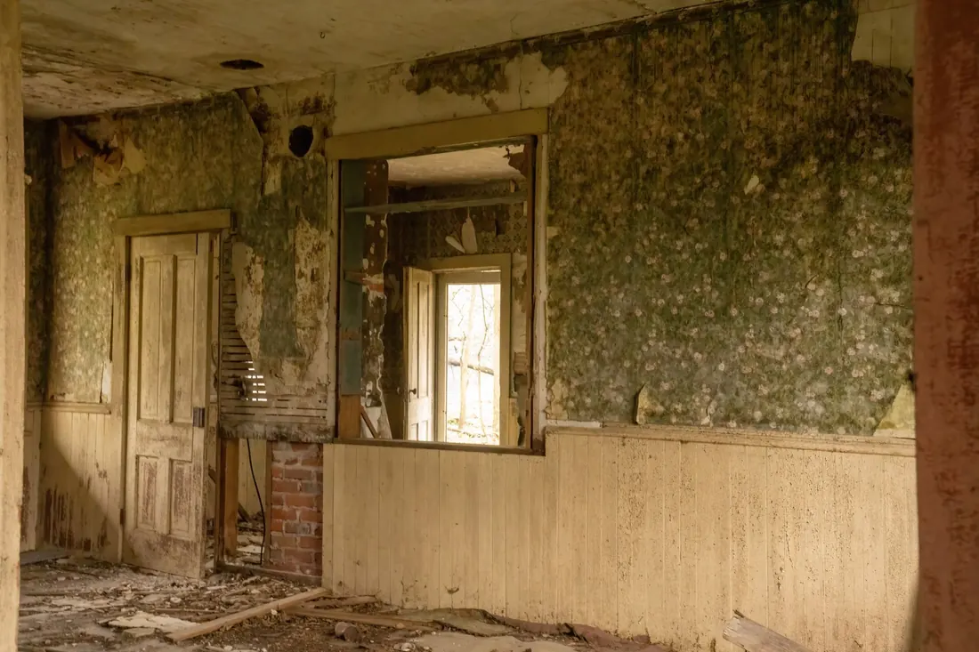 Worn interior of an older house being sold as-is without an inspection in Iowa