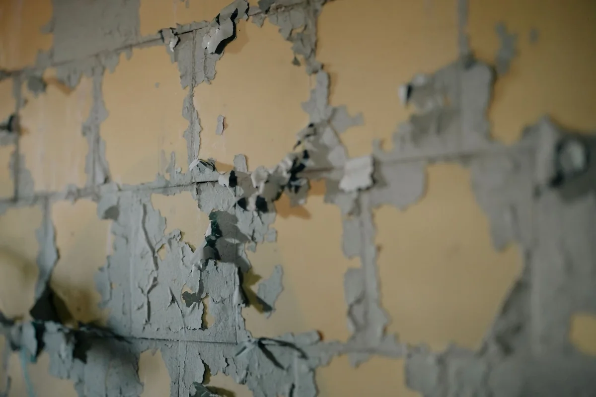 Peeling paint on an interior wall of a house in poor condition